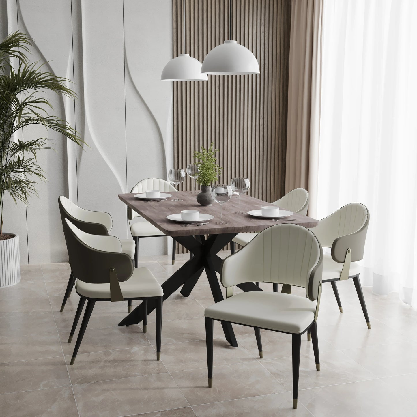 Ravenna 7-Piece Dining Set with Rectangular Dining Table in Rustic Gray MDF Top and 4 Leather/Velvet Dining Chairs - Elax Furniture