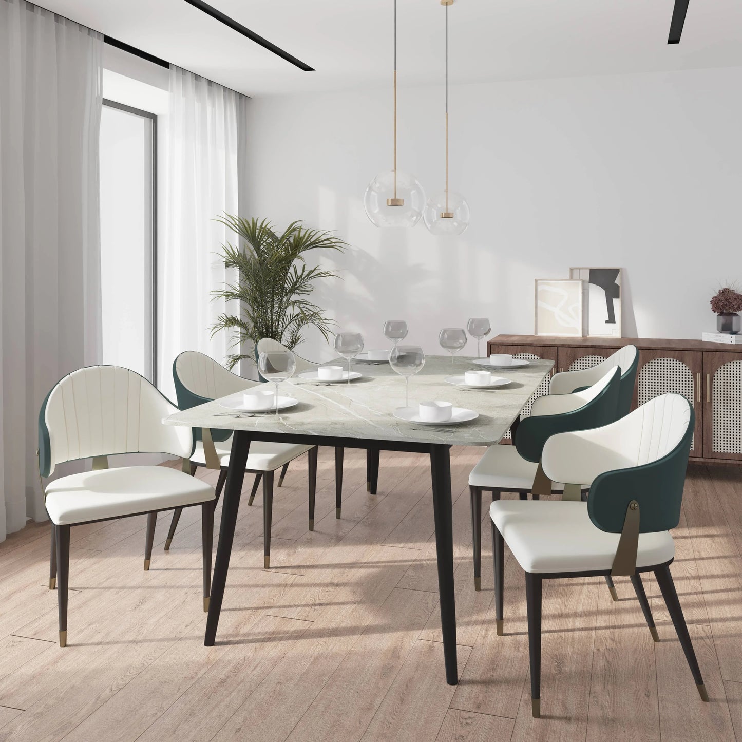 Zayle 7-Piece Dining Set with 55" Rectangular Sintered Stone Top Table and 4 Leather Dining Chair - Elax Furniture