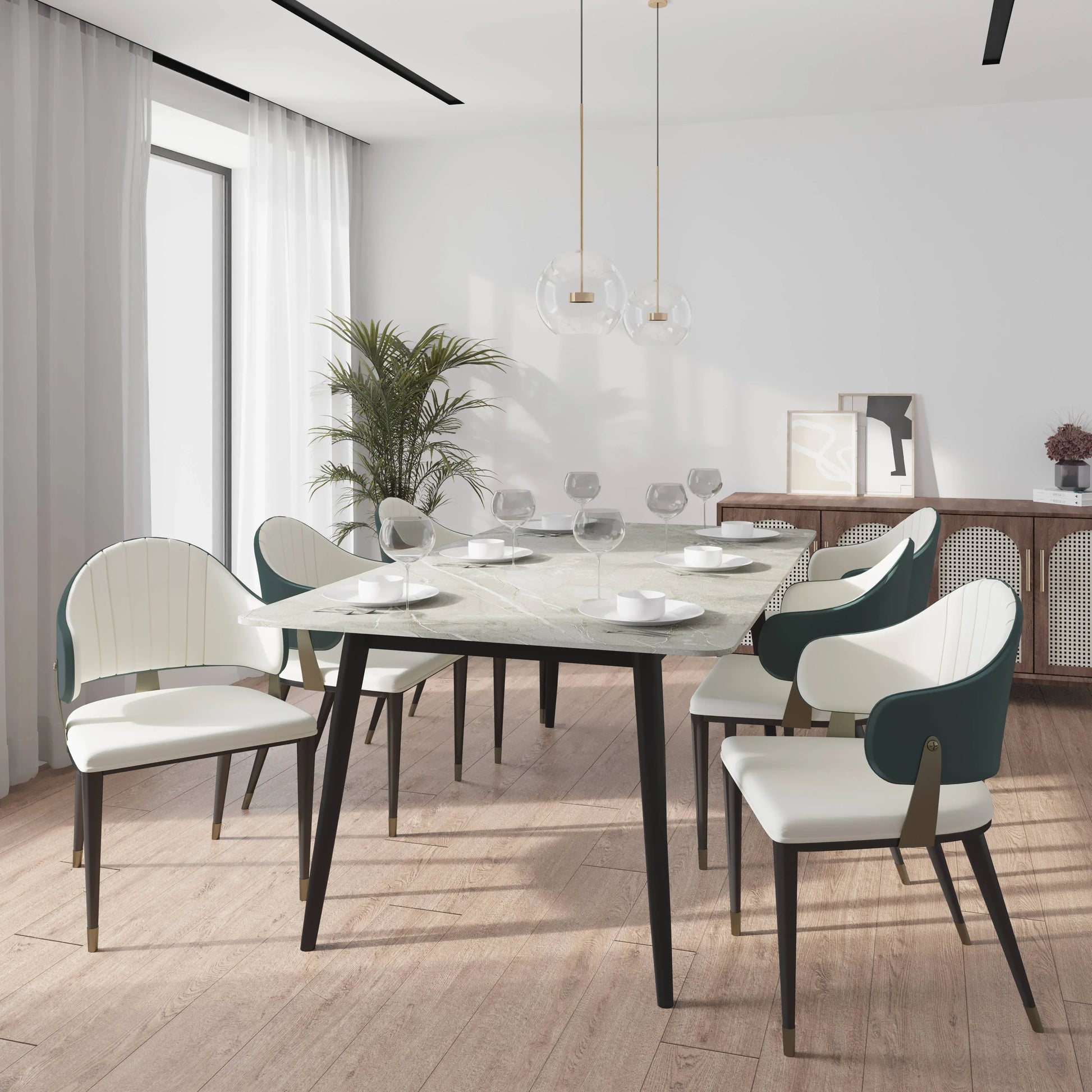 Zayle 7-Piece Dining Set with 55" Rectangular Sintered Stone Top Table and 4 Leather Dining Chair - Elax Furniture