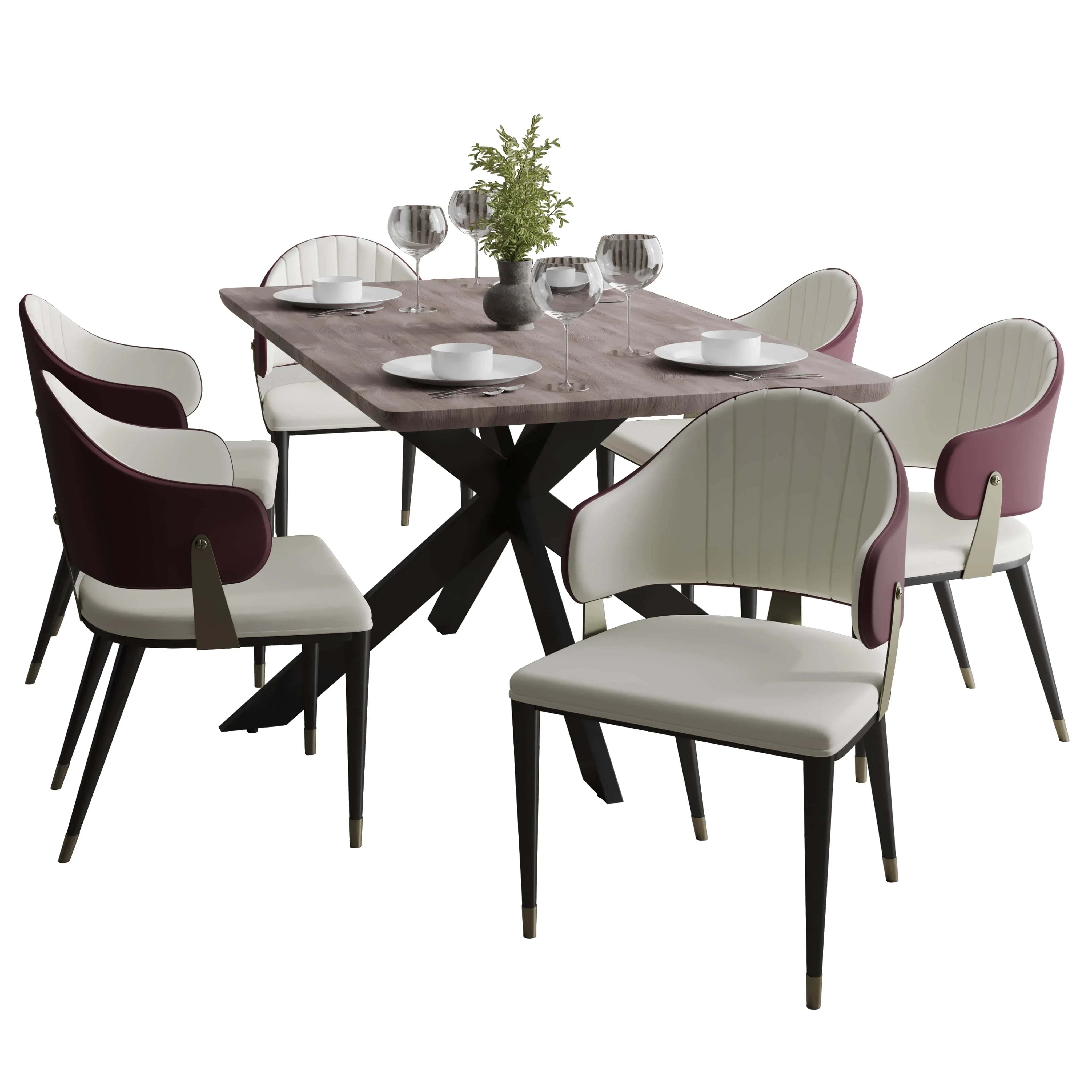 Ravenna 7-Piece Dining Set with Rectangular Dining Table in Rustic Gray MDF Top and 4 Leather/Velvet Dining Chairs - Elax Furniture