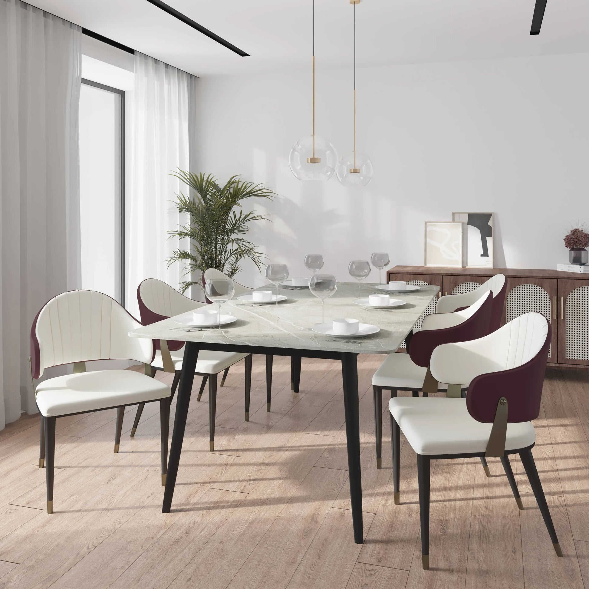 Zayle 7-Piece Dining Set with 55" Rectangular Sintered Stone Top Table and 4 Leather Dining Chair - Elax Furniture