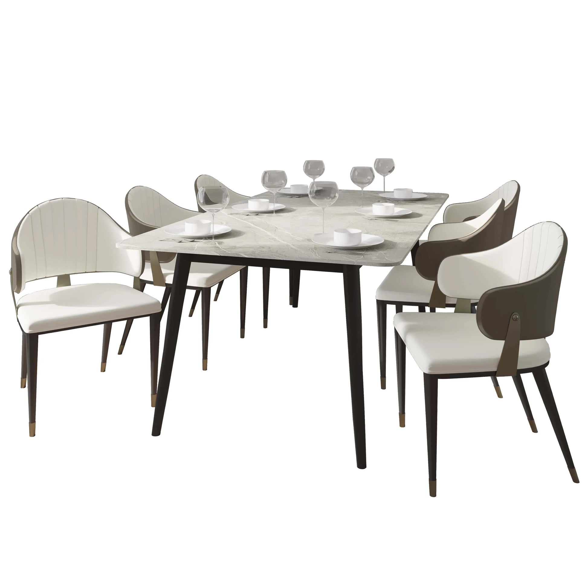 Zayle 7-Piece Dining Set with 55" Rectangular Sintered Stone Top Table and 4 Leather Dining Chair - Elax Furniture