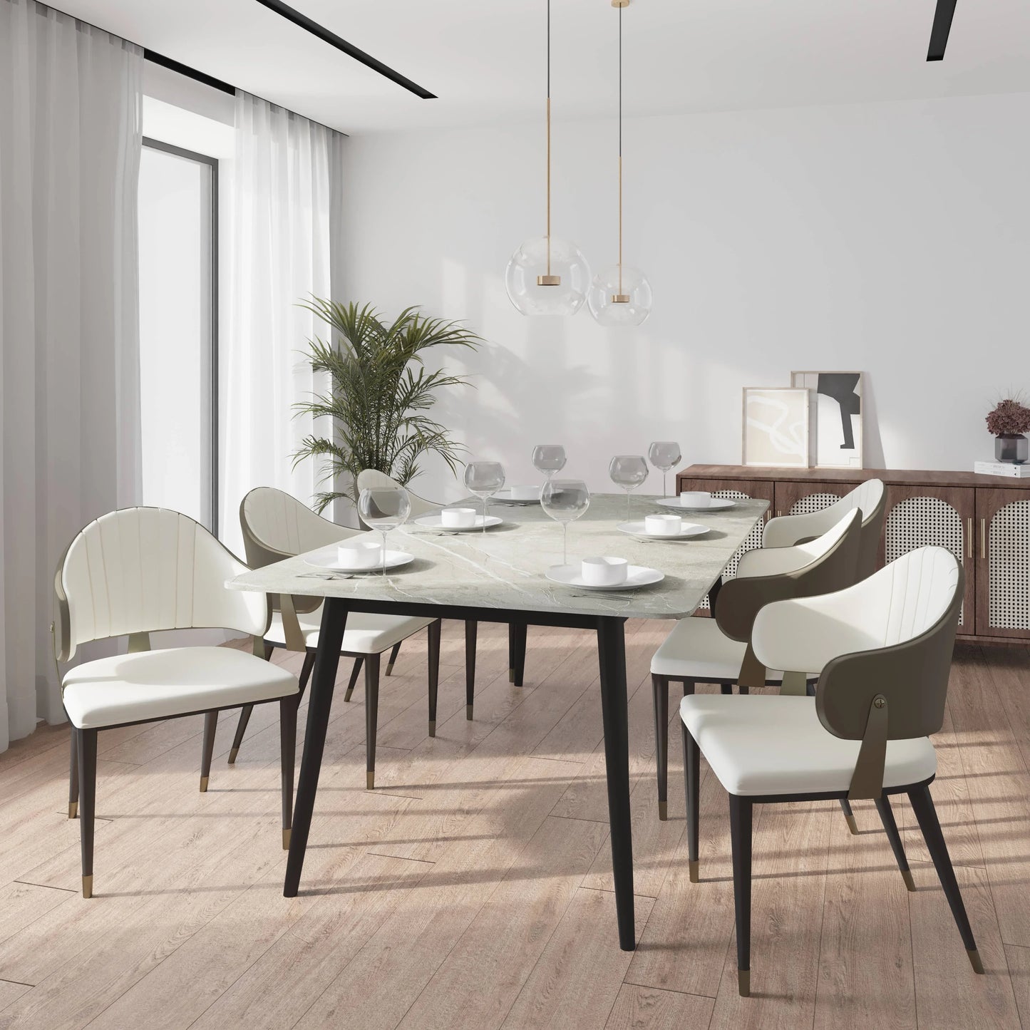 Zayle 7-Piece Dining Set with 55" Rectangular Sintered Stone Top Table and 4 Leather Dining Chair - Elax Furniture