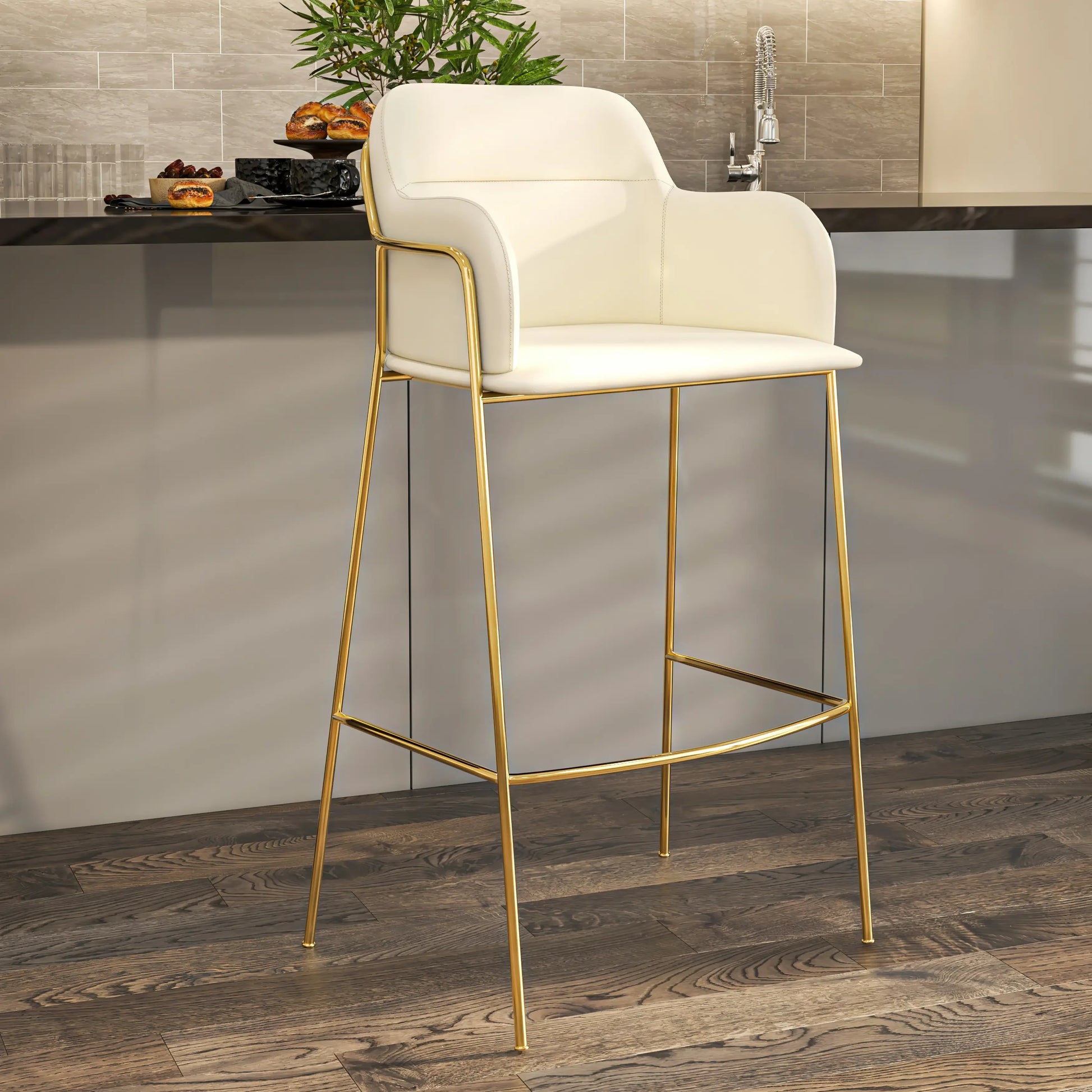 Axis 40" Low-Back Bar Stool Ergonomic Pub Chair with Gold Stainless Steel Base Set of 2 - Elax Furniture