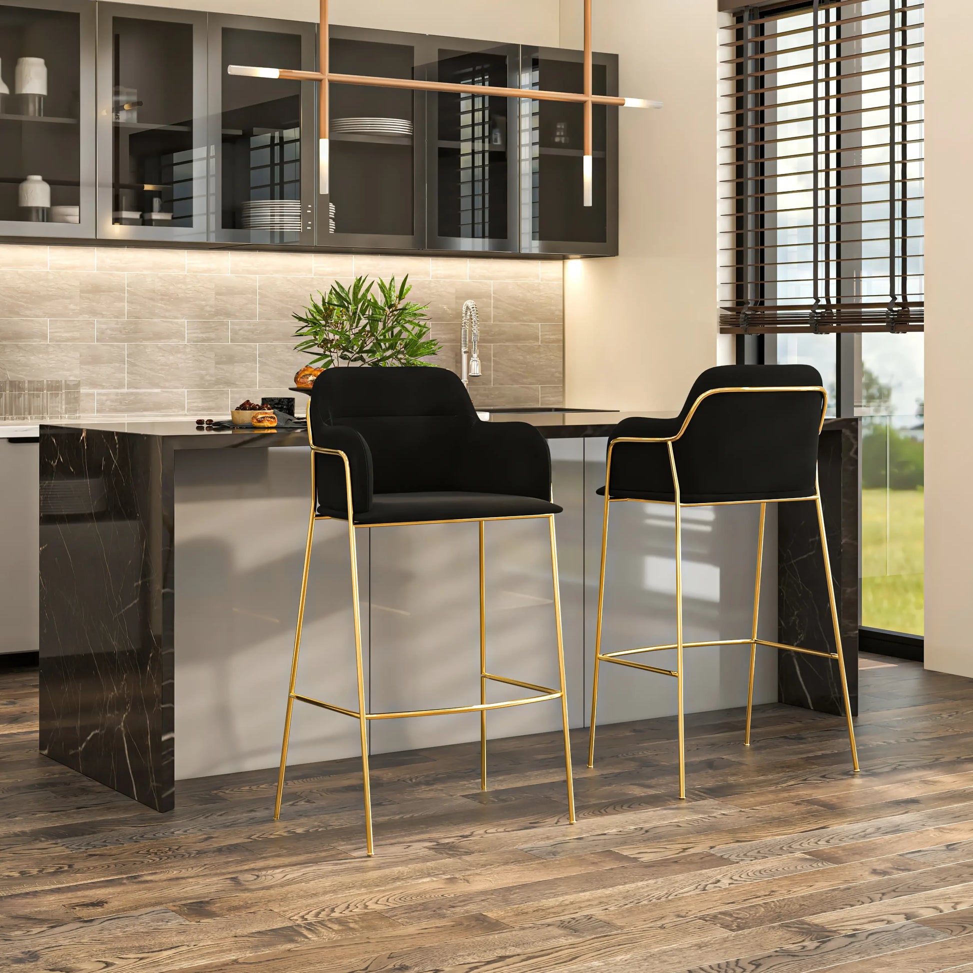 Axis 40" Low-Back Bar Stool Ergonomic Pub Chair with Gold Stainless Steel Base Set of 2 - Elax Furniture