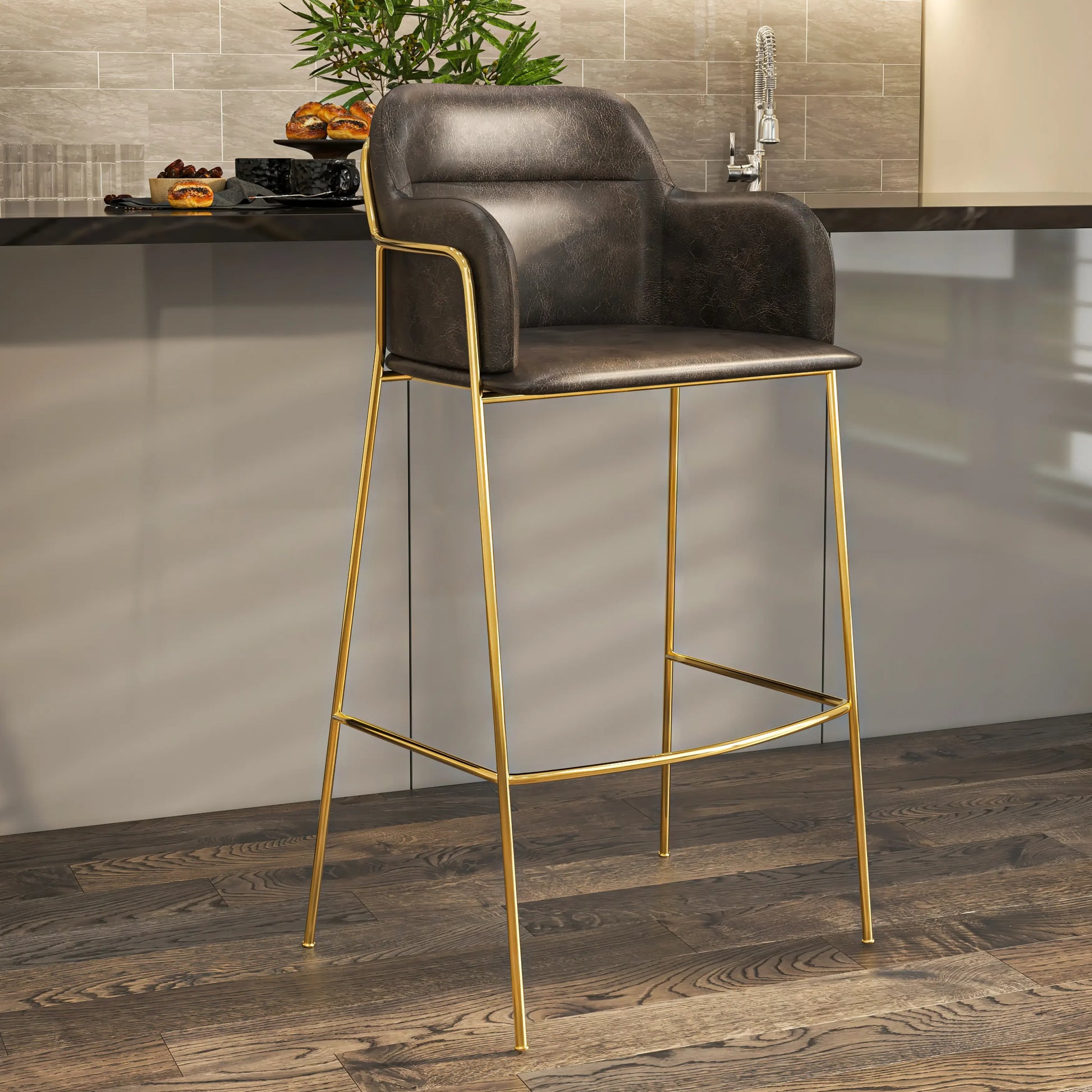 Axis 40" Low-Back Bar Stool Ergonomic Pub Chair with Gold Stainless Steel Base Set of 2 - Elax Furniture