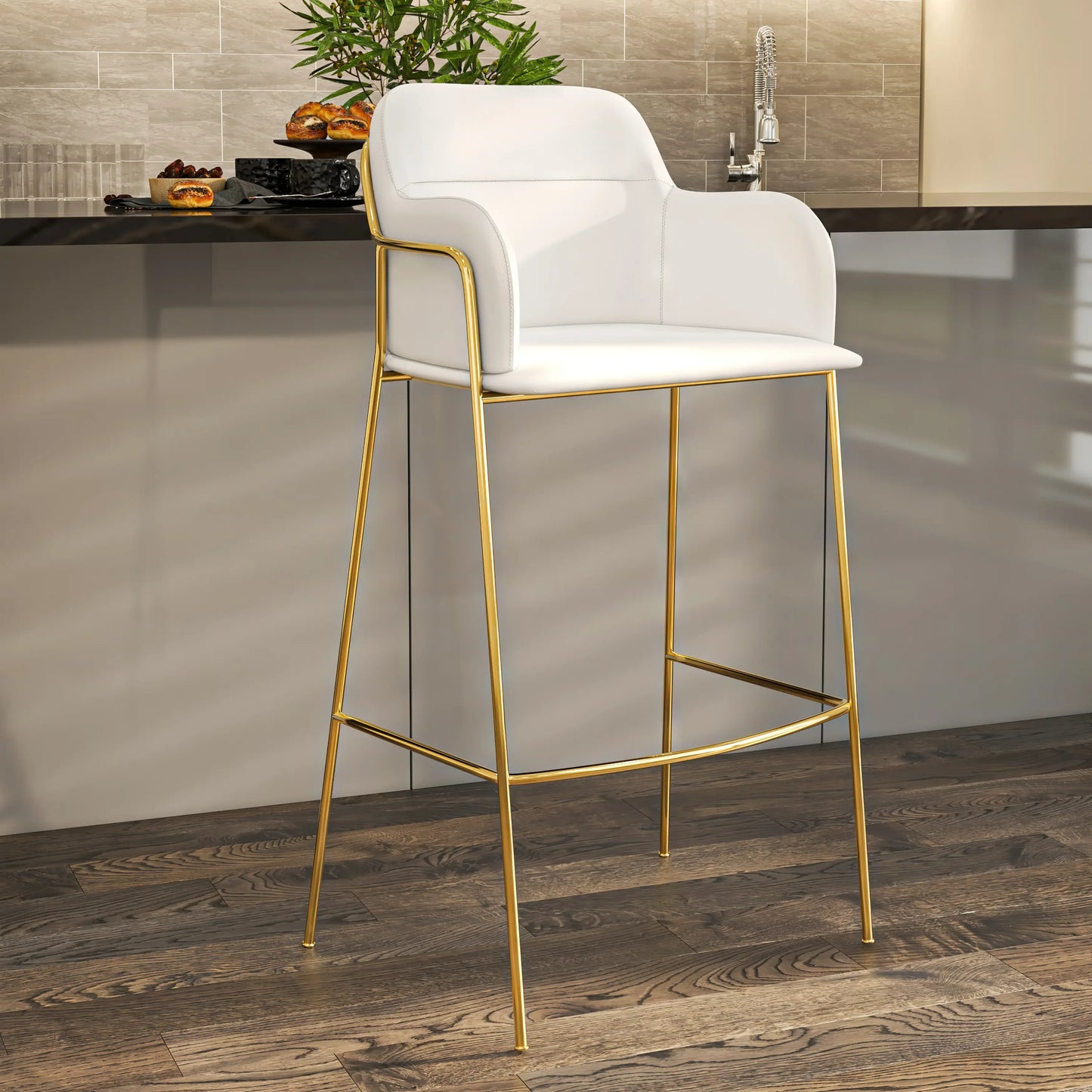 Axis 40" Low-Back Bar Stool Ergonomic Pub Chair with Gold Stainless Steel Base Set of 2 - Elax Furniture