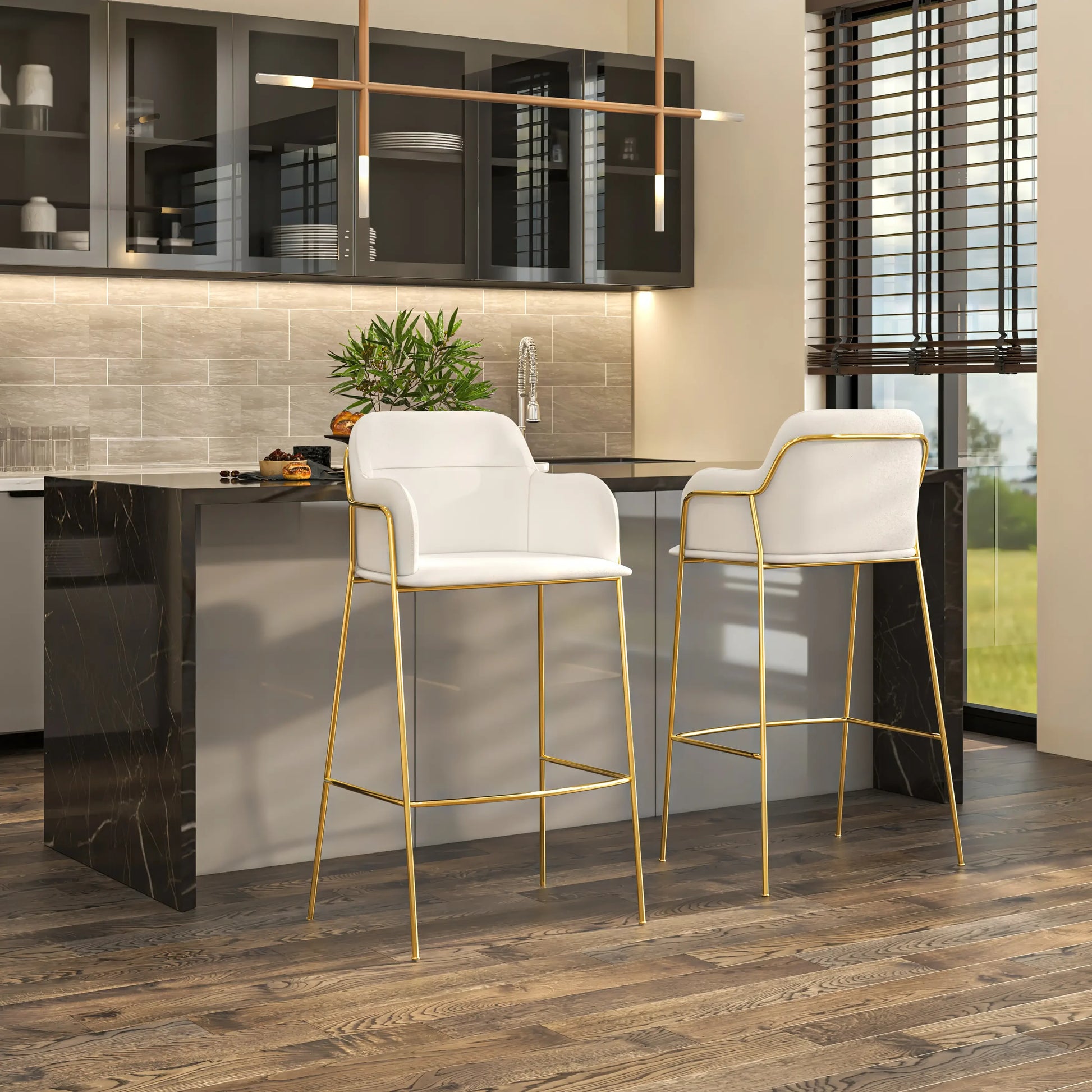 Axis 40" Low-Back Bar Stool Ergonomic Pub Chair with Gold Stainless Steel Base Set of 2 - Elax Furniture