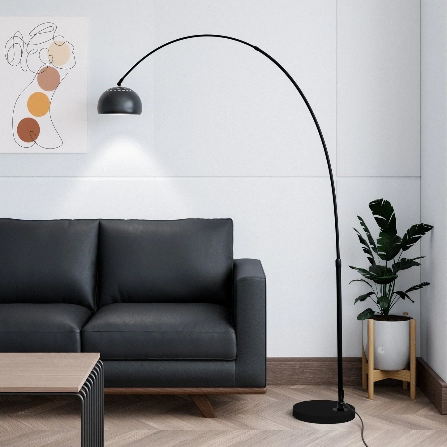 Arco Modern 76" Arched Floor Lamp: Black Marble Base & Metal Dome Shade - Elax Furniture