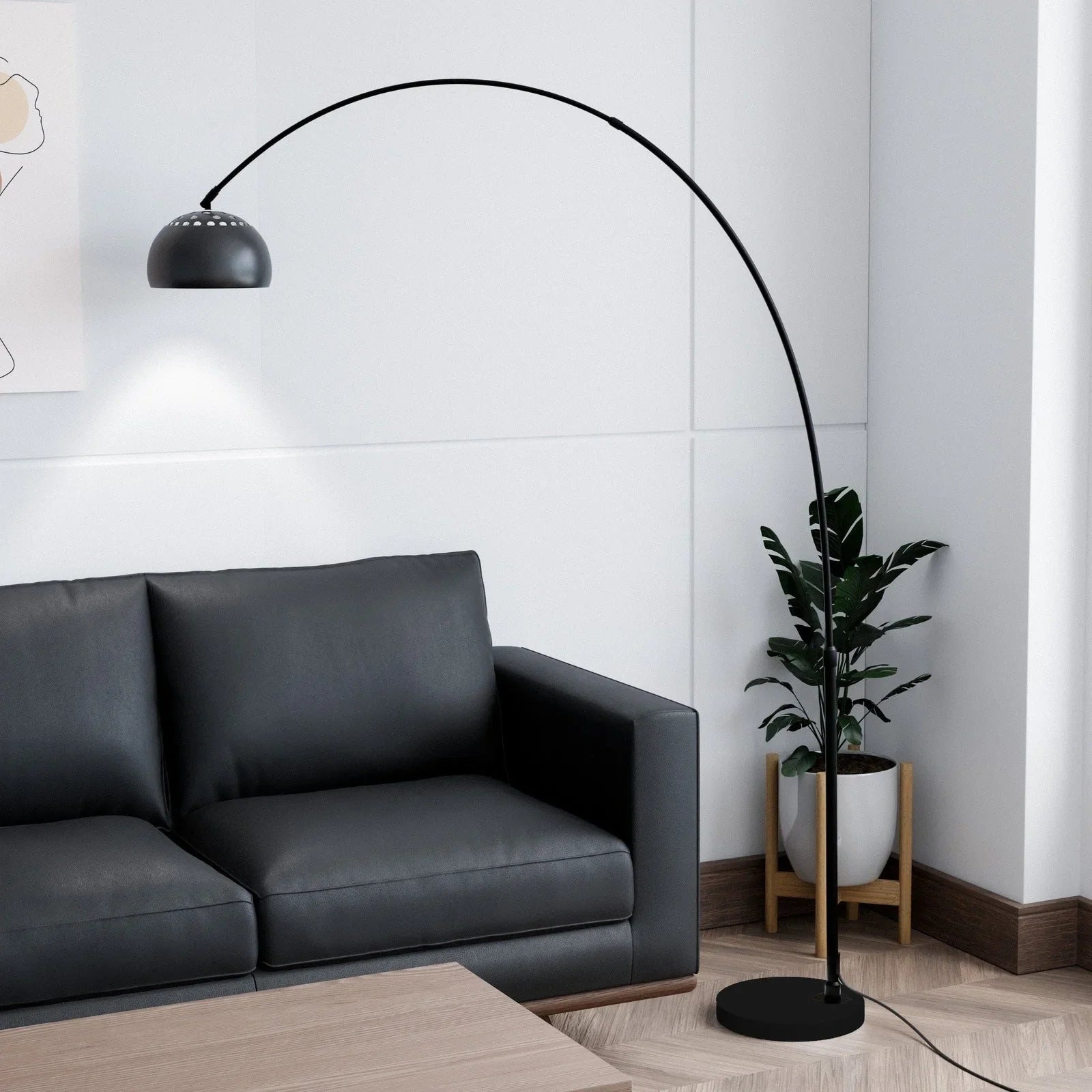 Arco Modern 76" Arched Floor Lamp: Black Marble Base & Metal Dome Shade - Elax Furniture
