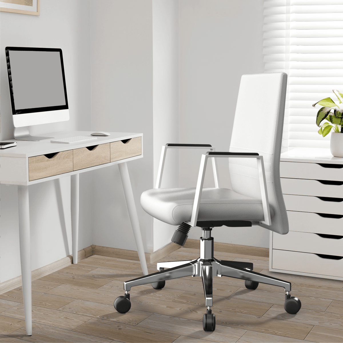 Aleen Leather Office Chair with Adjustable Height, Tilt and 360 Degree Swivel White Office Chair Leisuremod