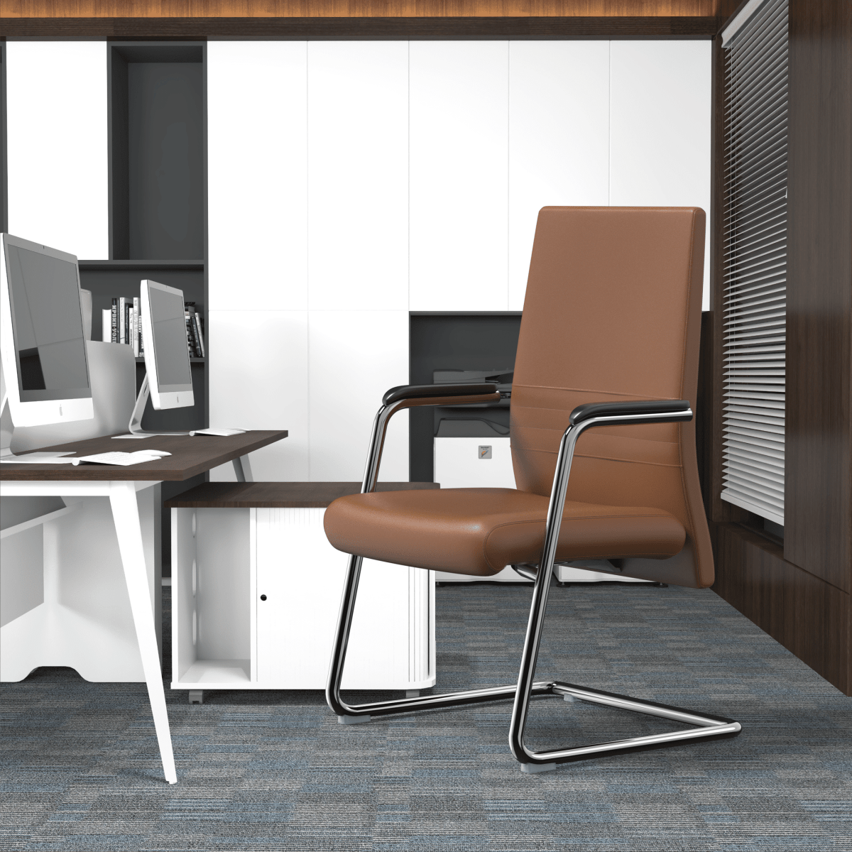Aleen Office Chair with Upholstered Seat and Metal Armrest Dark Brown Office Chair Leisuremod