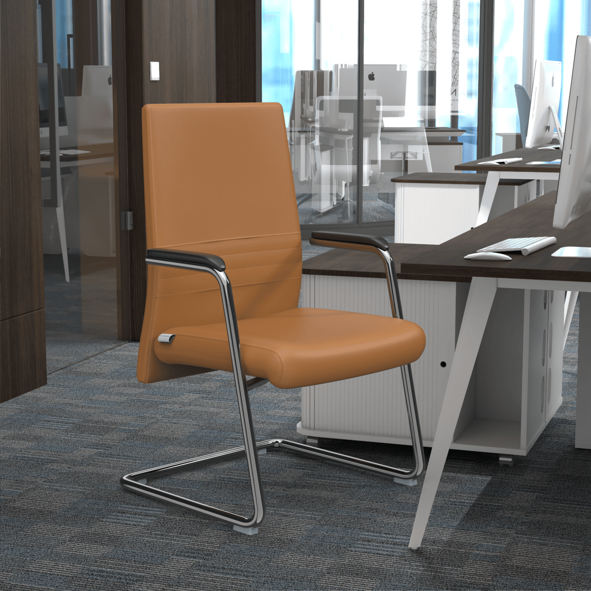 Aleen Office Chair with Upholstered Seat and Metal Armrest Acorn Brown Office Chair Leisuremod