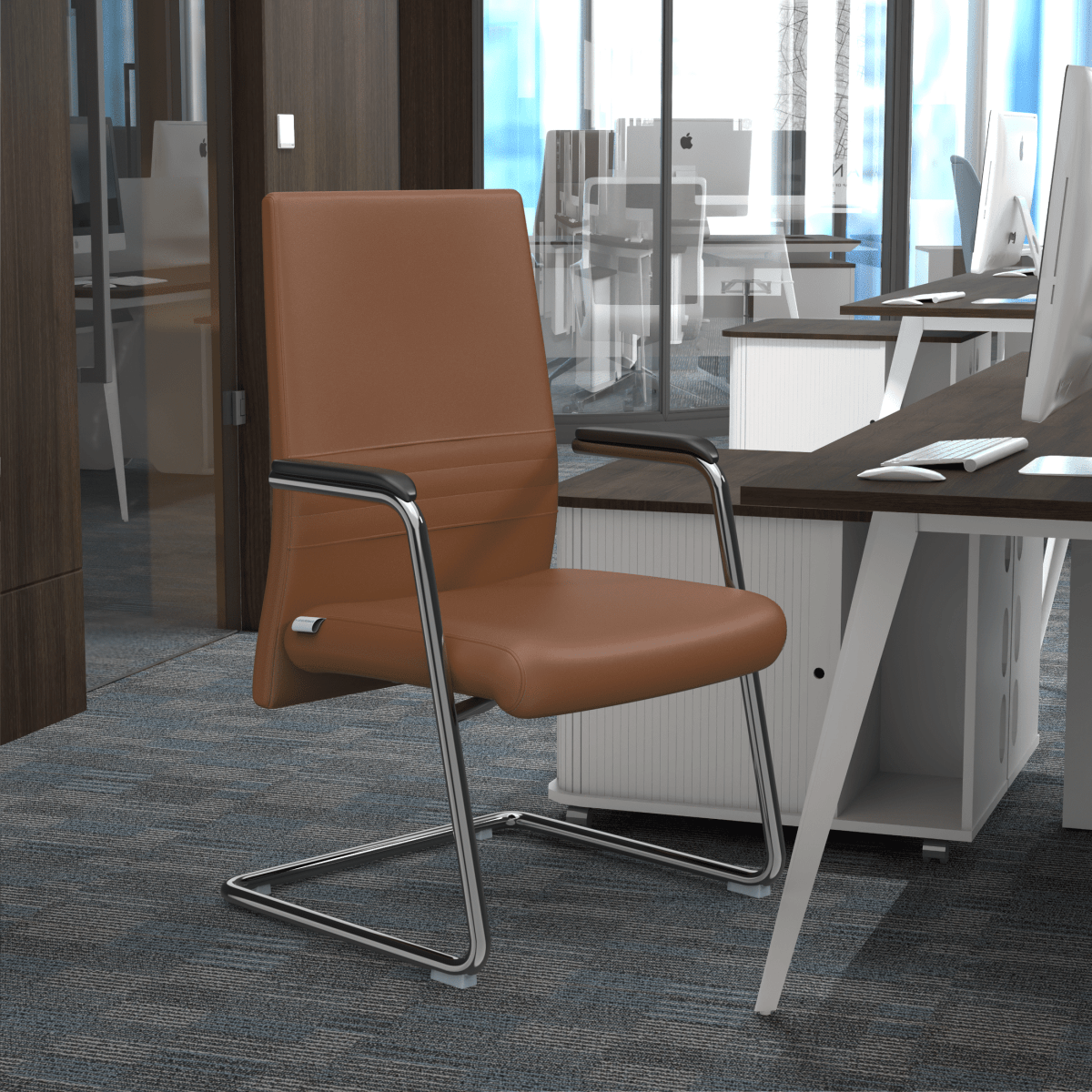 Aleen Office Chair with Upholstered Seat and Metal Armrest Dark Brown Office Chair Leisuremod