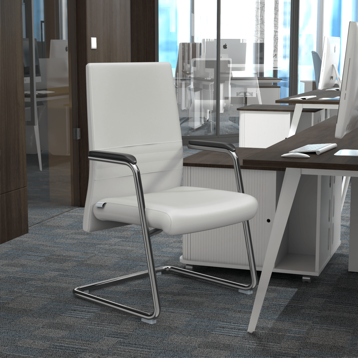 Aleen Office Chair with Upholstered Seat and Metal Armrest White Office Chair Leisuremod