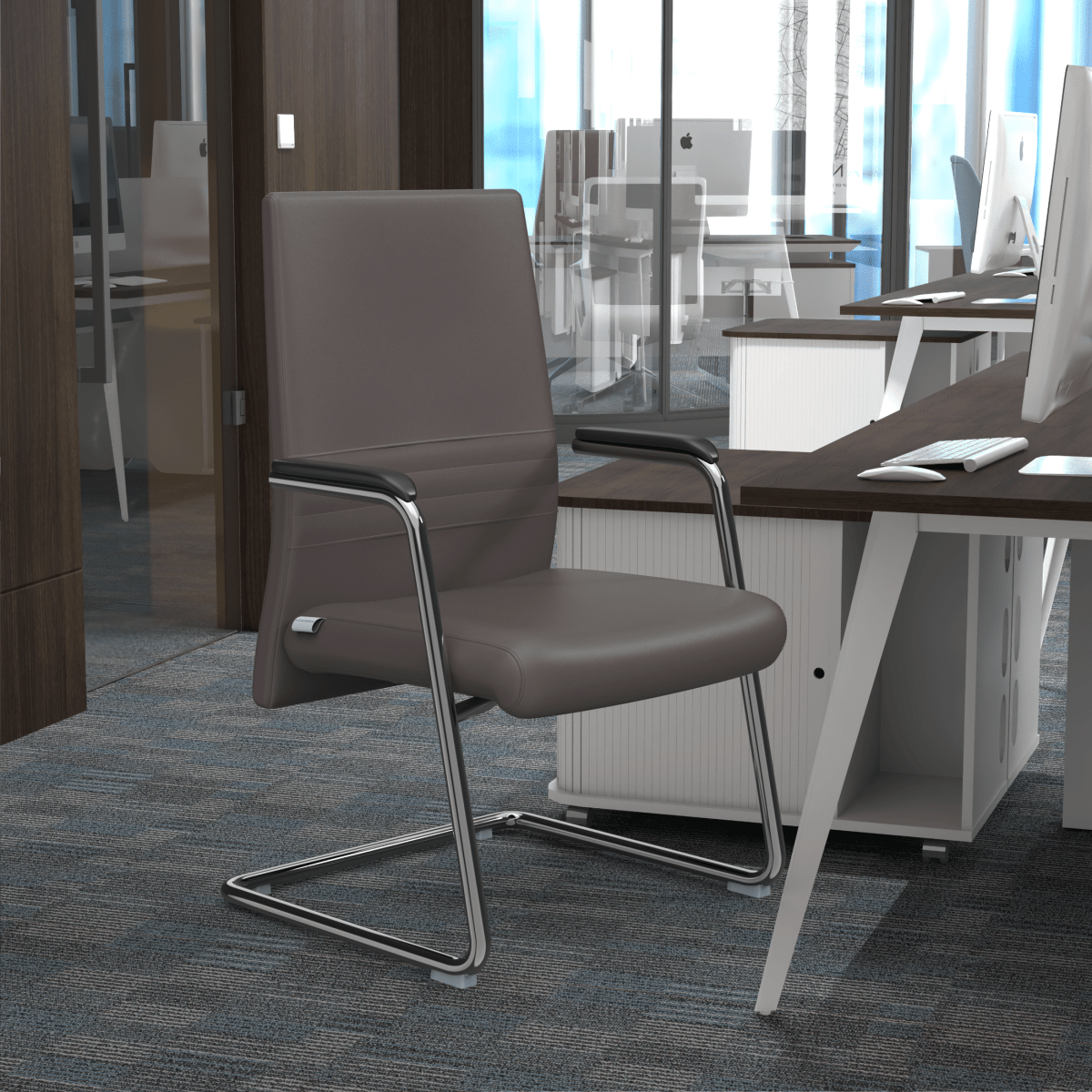 Aleen Office Chair with Upholstered Seat and Metal Armrest Grey Office Chair Leisuremod
