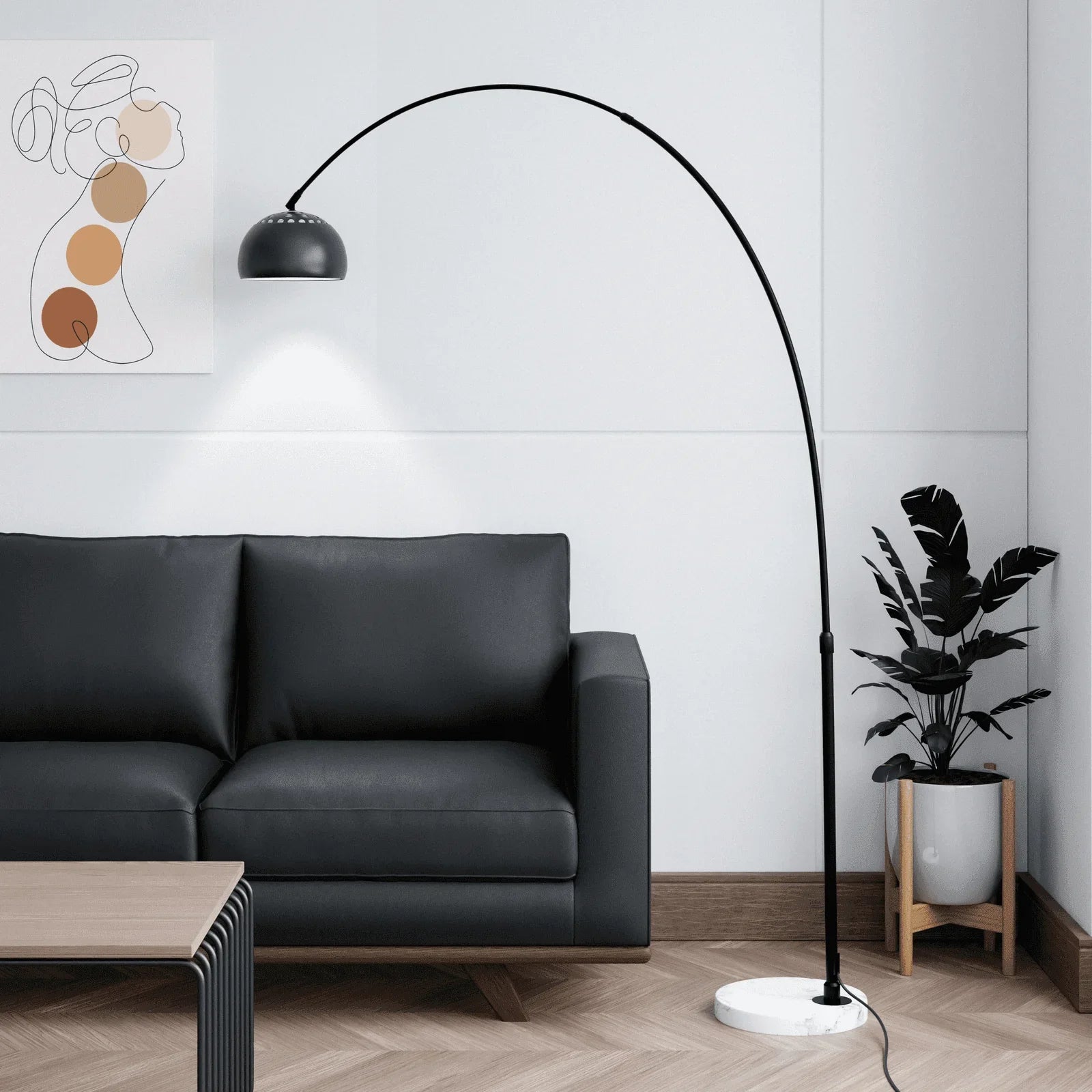 Arco Modern Arched Floor Lamp 76" Height with White Round Marble Base and Metal Dome Lamp Shade - Elax Furniture