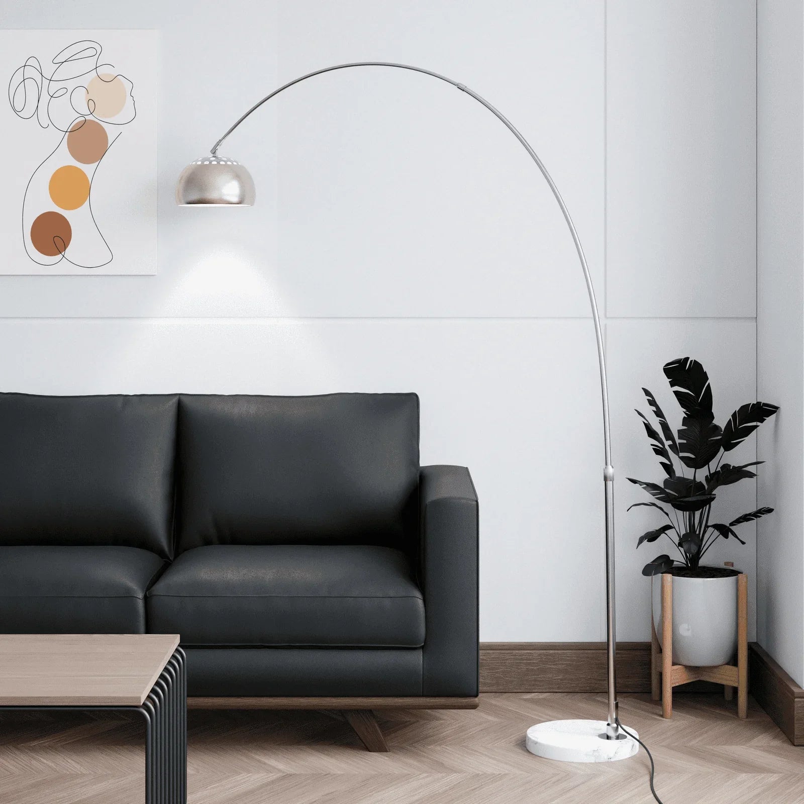 Arco Modern Arched Floor Lamp 76" Height with White Round Marble Base and Metal Dome Lamp Shade - Elax Furniture