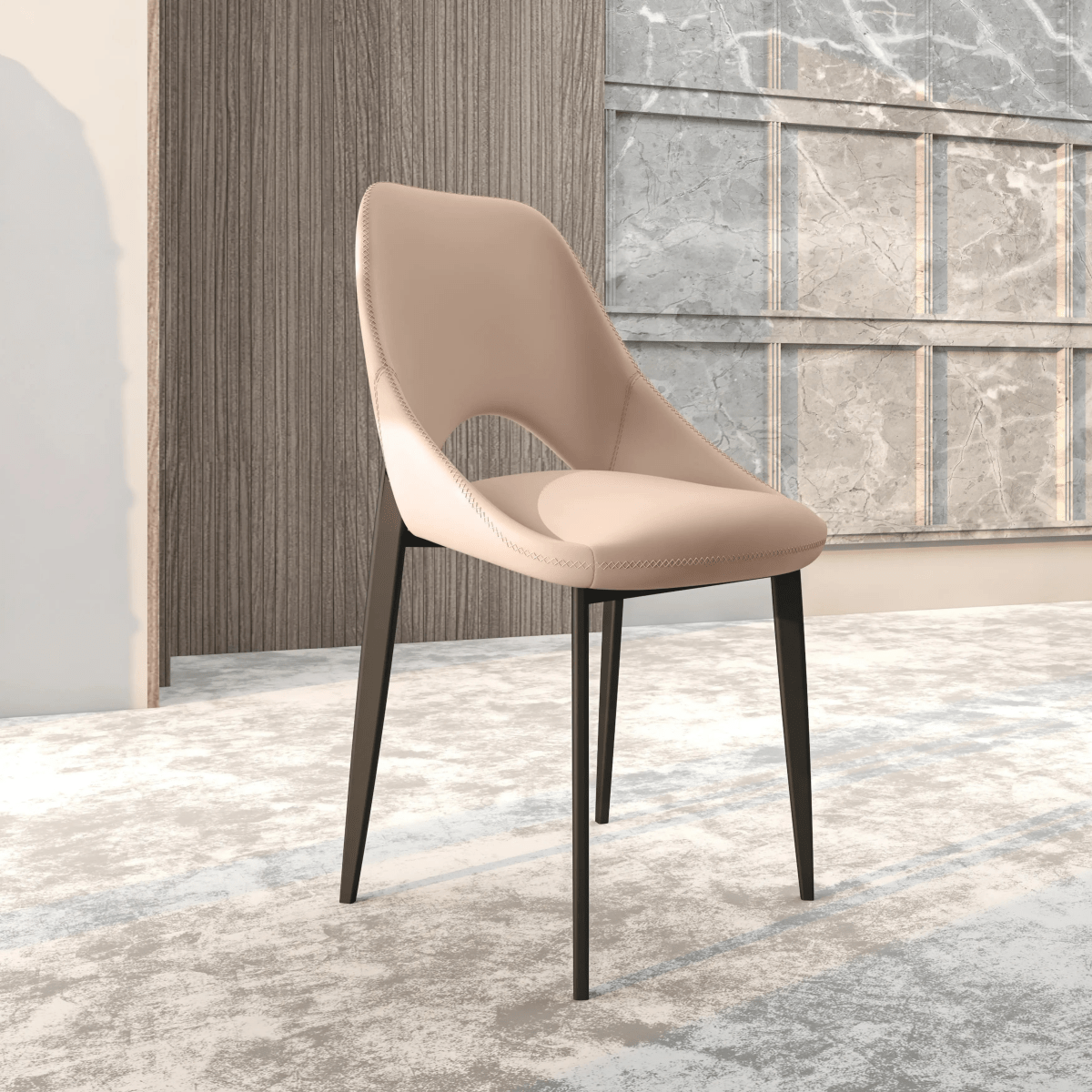 Amalfi Upholstered Dining Chair with a Curved Open Back Design in Black Iron Taupe CHAIR Leisuremod