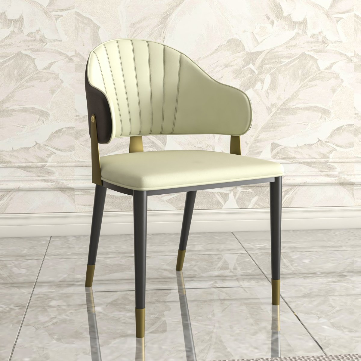 Aria Leather Dining Chair with a Curved Back and Gold Accents Design in Iron Black Dining Chair Leisuremod