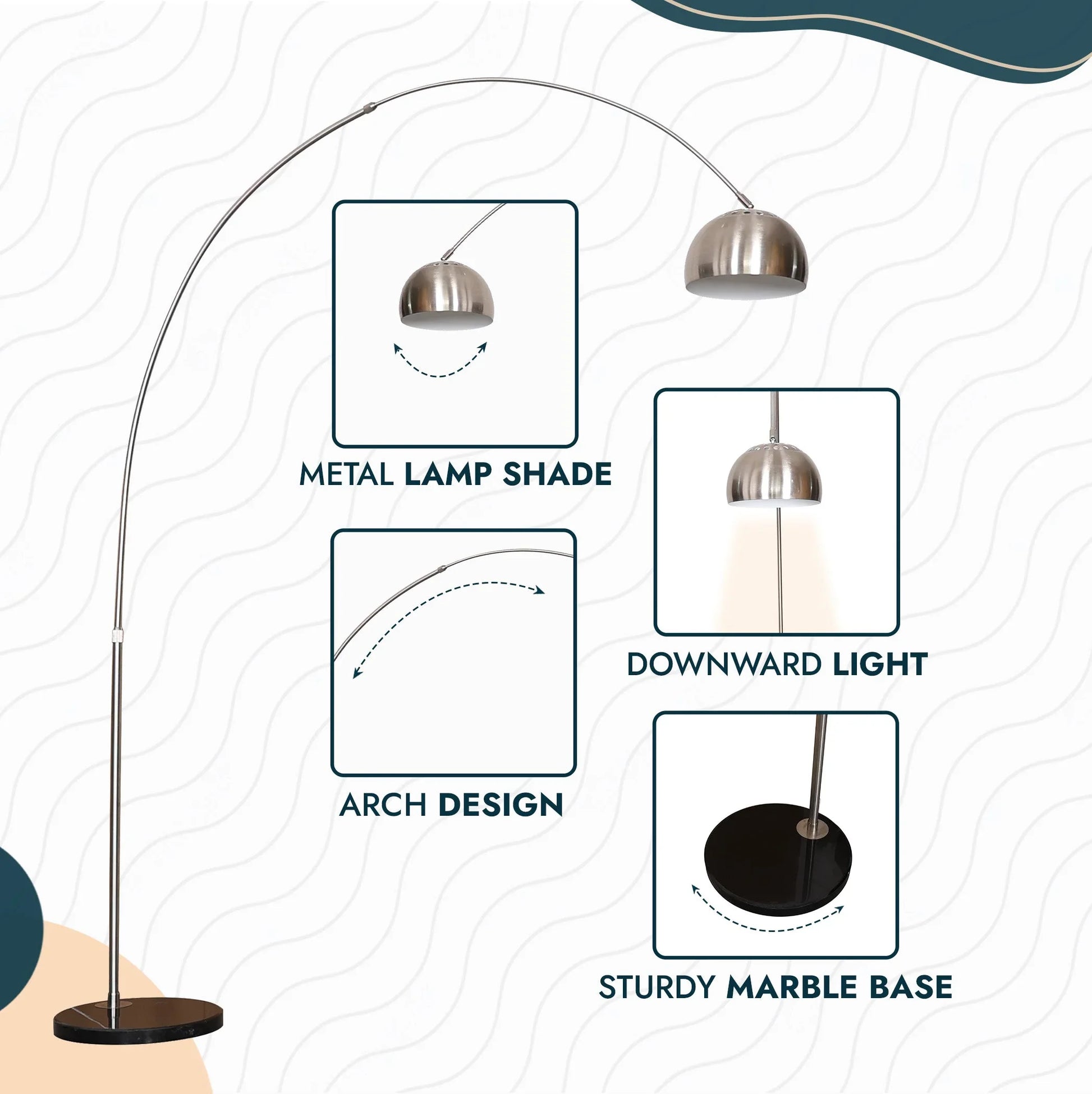 Arco Modern 76" Arched Floor Lamp: Black Marble Base & Metal Dome Shade - Elax Furniture