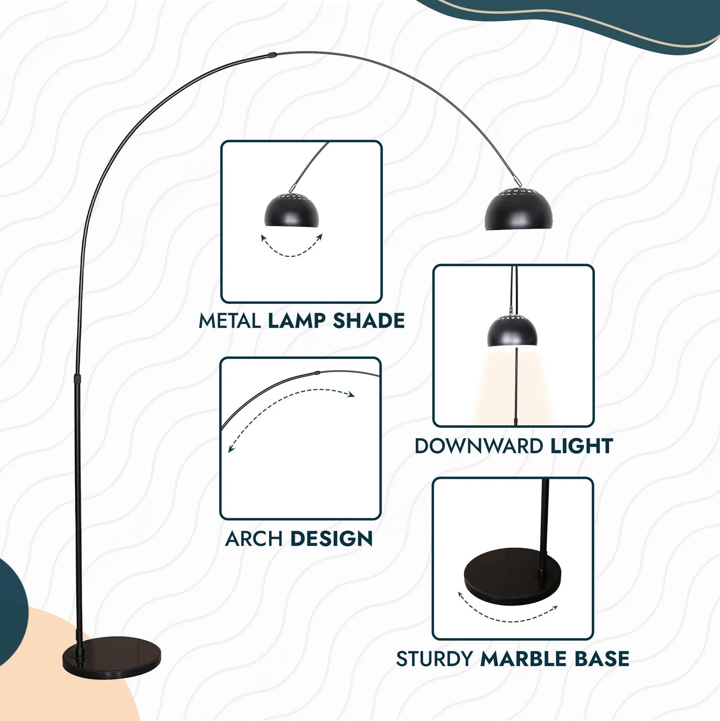 Arco Modern 76" Arched Floor Lamp: Black Marble Base & Metal Dome Shade - Elax Furniture