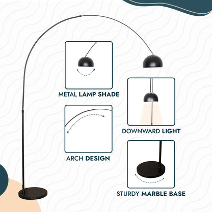 Arco Modern 76" Arched Floor Lamp: Black Marble Base & Metal Dome Shade - Elax Furniture