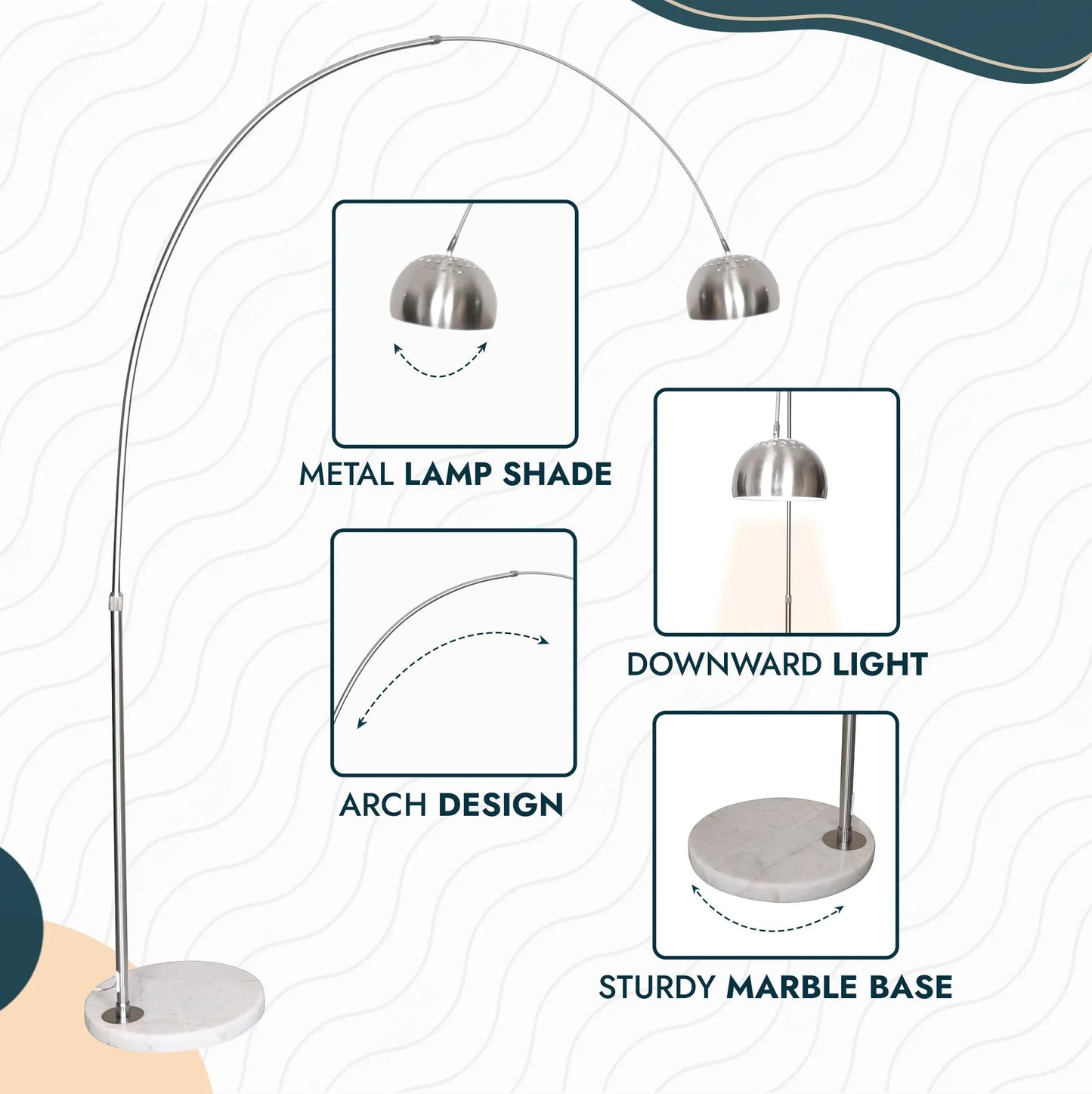 Arco Modern Arched Floor Lamp 76" Height with White Round Marble Base and Metal Dome Lamp Shade - Elax Furniture