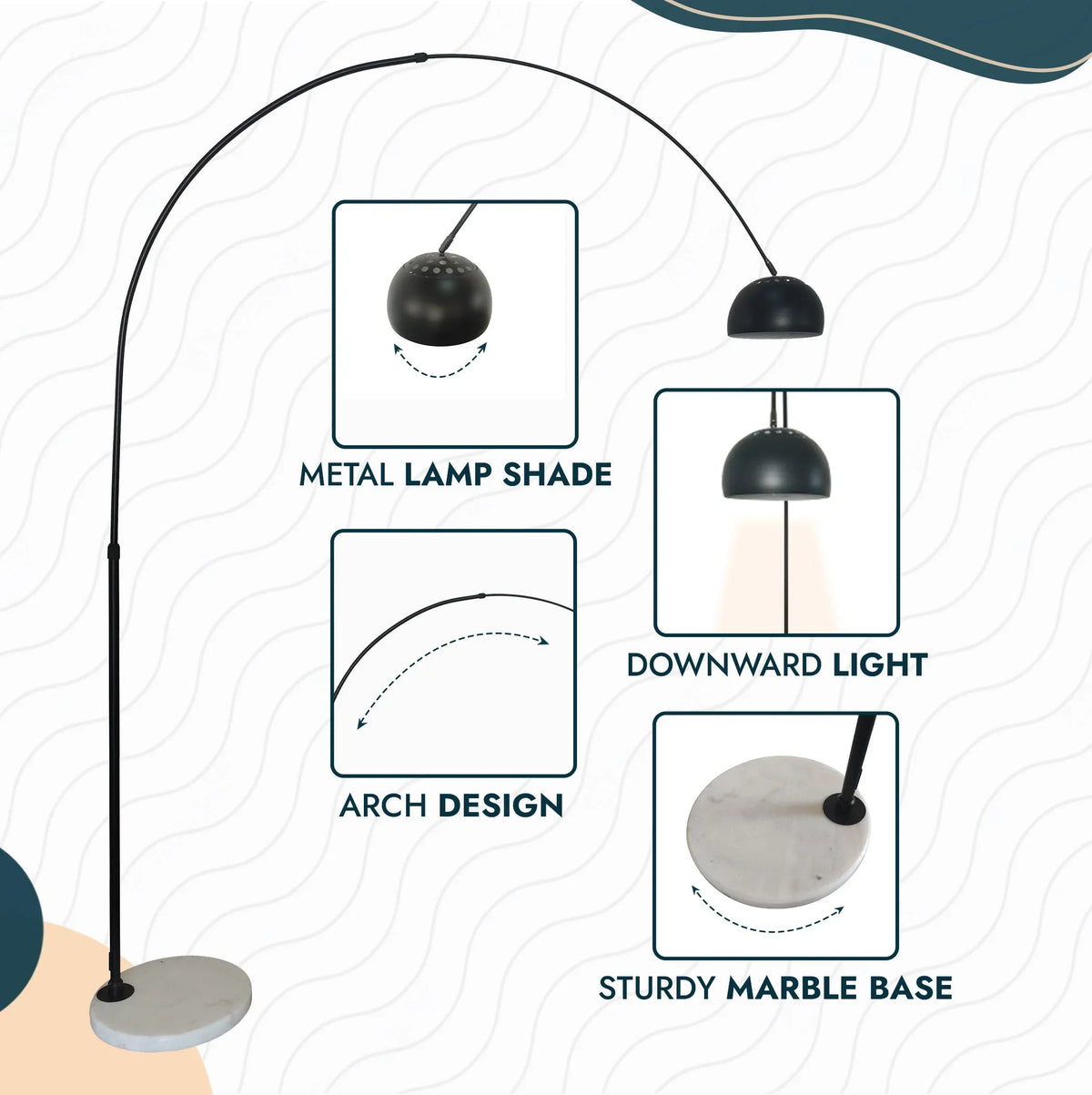 Arco Modern Arched Floor Lamp 76" Height with White Round Marble Base and Metal Dome Lamp Shade - Elax Furniture