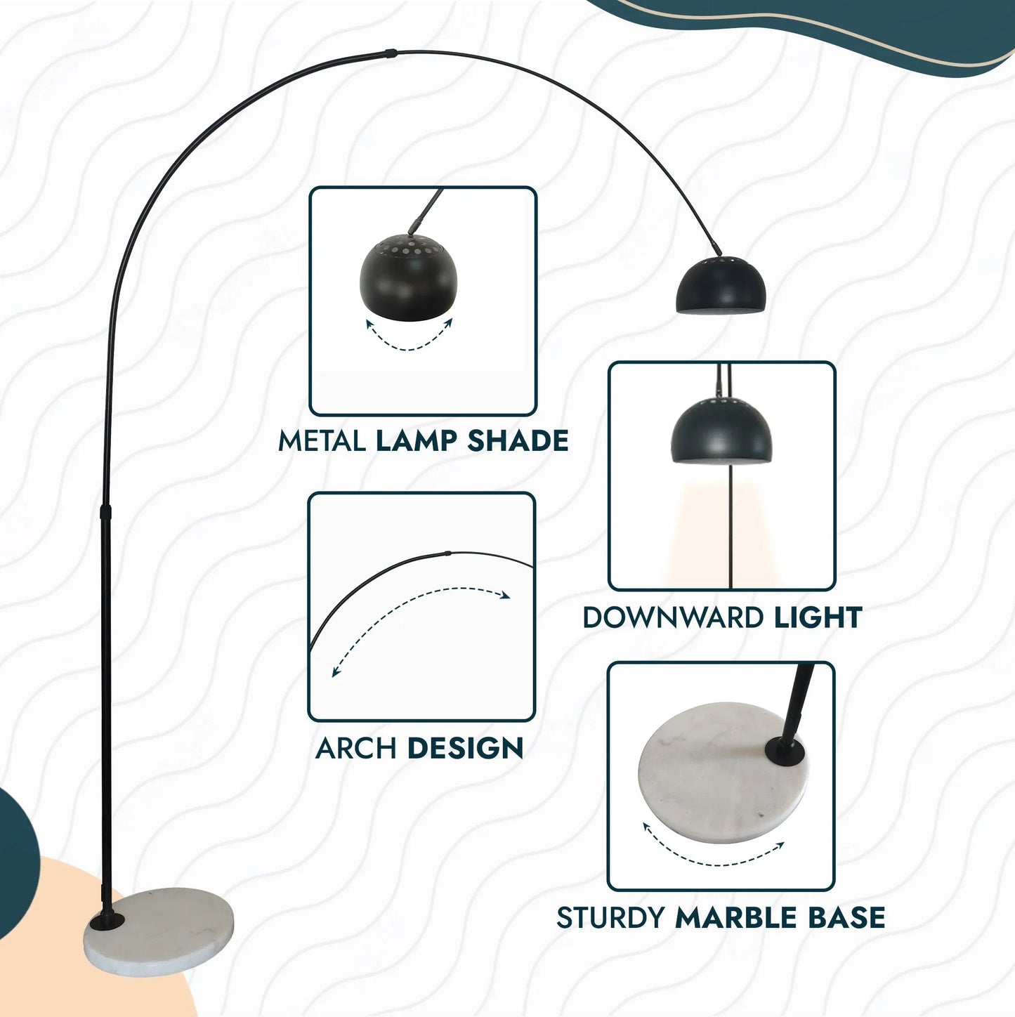 Arco Modern Arched Floor Lamp 76" Height with White Round Marble Base and Metal Dome Lamp Shade - Elax Furniture