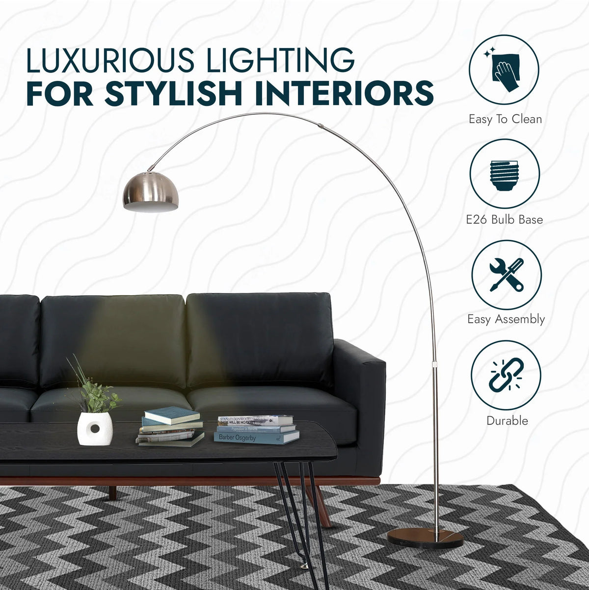 Arco Modern 76" Arched Floor Lamp: Black Marble Base & Metal Dome Shade - Elax Furniture