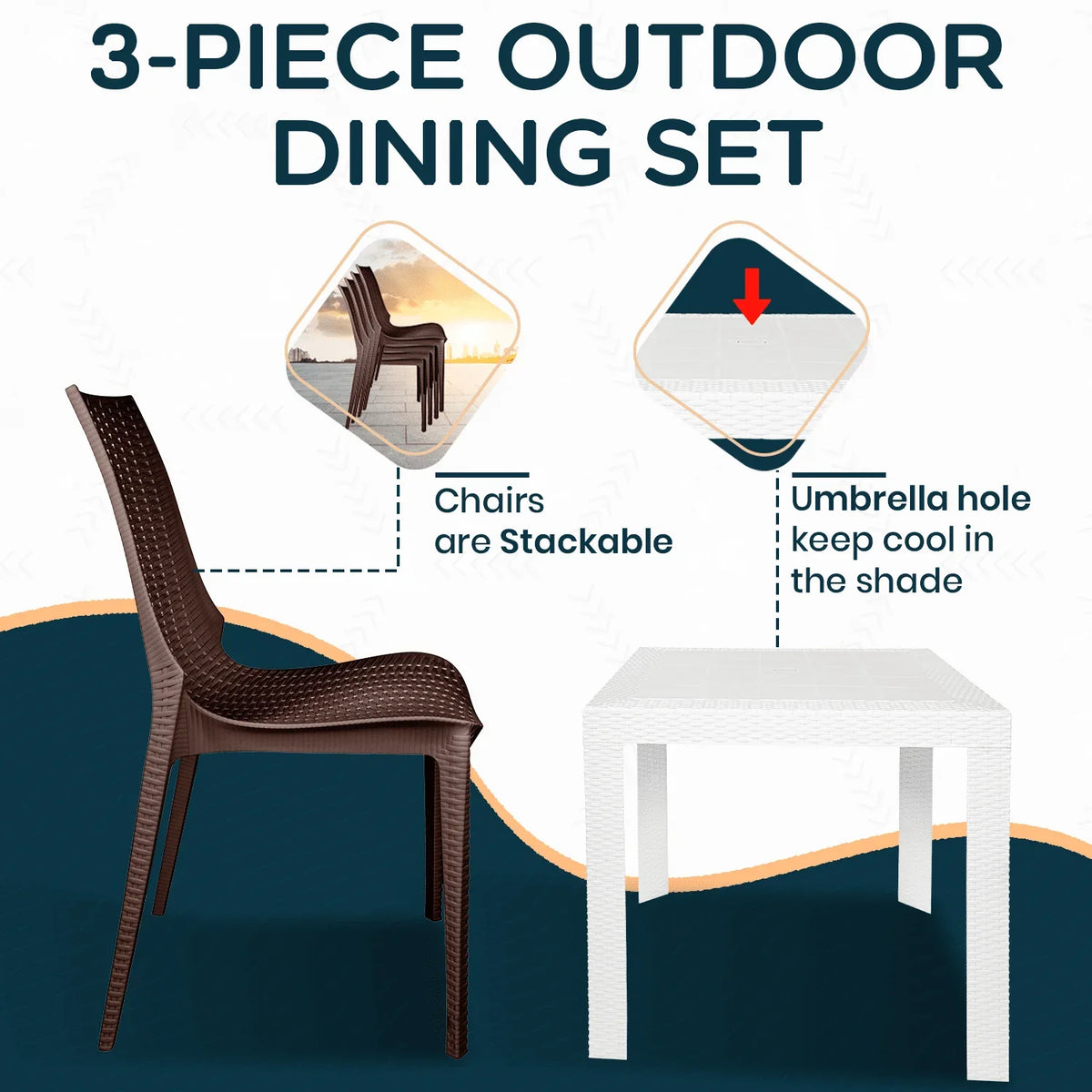Kent Mid-Century Modern Weave Design 3-Piece Outdoor Patio Dining Set - Elax Furniture