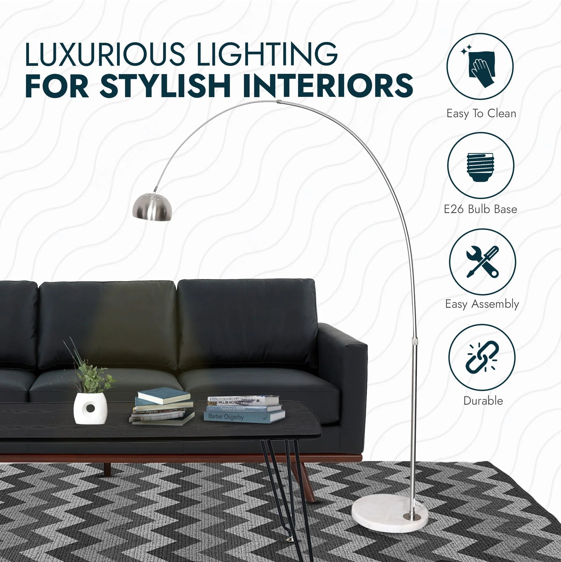 Arco Modern Arched Floor Lamp 76" Height with White Round Marble Base and Metal Dome Lamp Shade - Elax Furniture