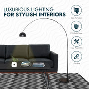 Arco Modern 76" Arched Floor Lamp: Black Marble Base & Metal Dome Shade - Elax Furniture