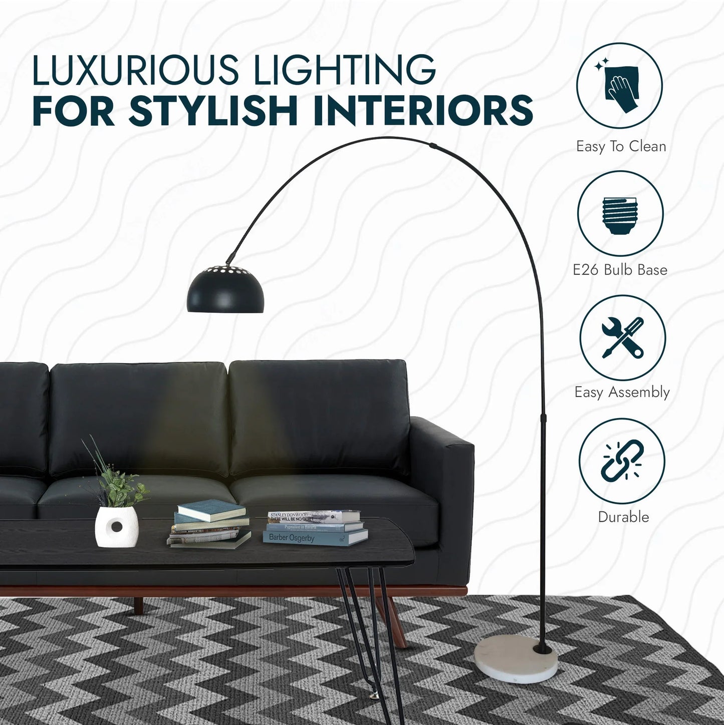 Arco Modern Arched Floor Lamp 76" Height with White Round Marble Base and Metal Dome Lamp Shade - Elax Furniture