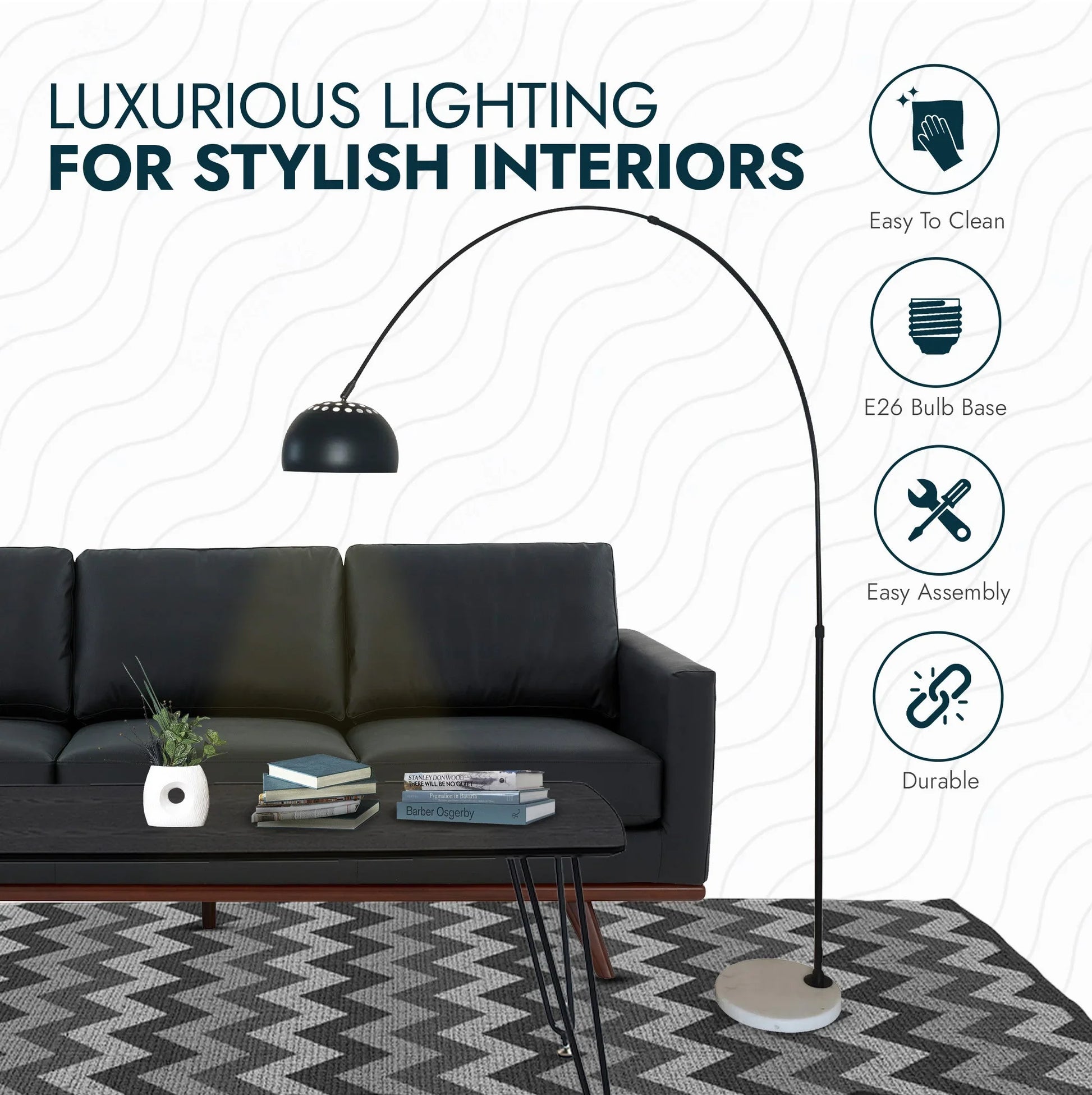 Arco Modern Arched Floor Lamp 76" Height with White Round Marble Base and Metal Dome Lamp Shade - Elax Furniture