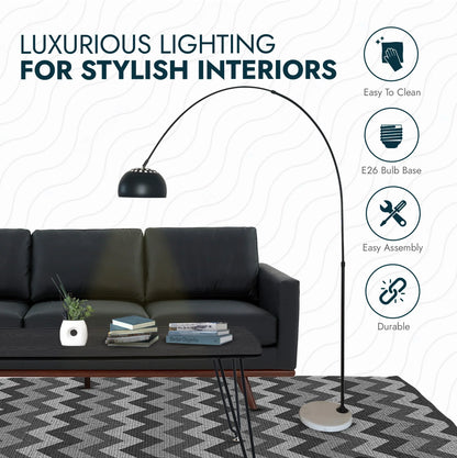 Arco Modern Arched Floor Lamp 76" Height with White Round Marble Base and Metal Dome Lamp Shade - Elax Furniture