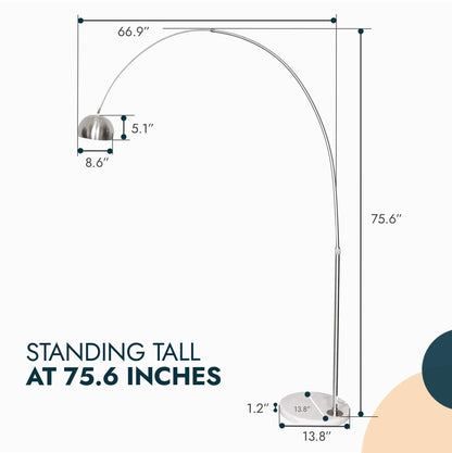 Arco Modern Arched Floor Lamp 76" Height with White Round Marble Base and Metal Dome Lamp Shade - Elax Furniture