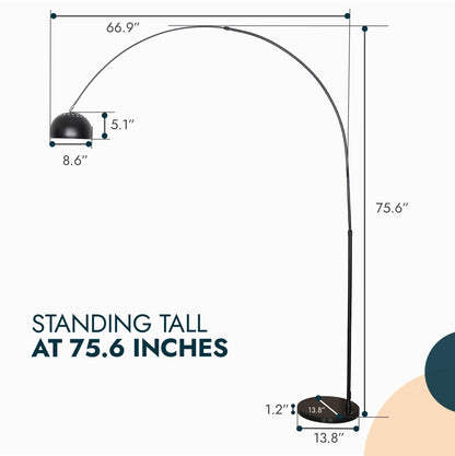 Arco Modern 76" Arched Floor Lamp: Black Marble Base & Metal Dome Shade - Elax Furniture