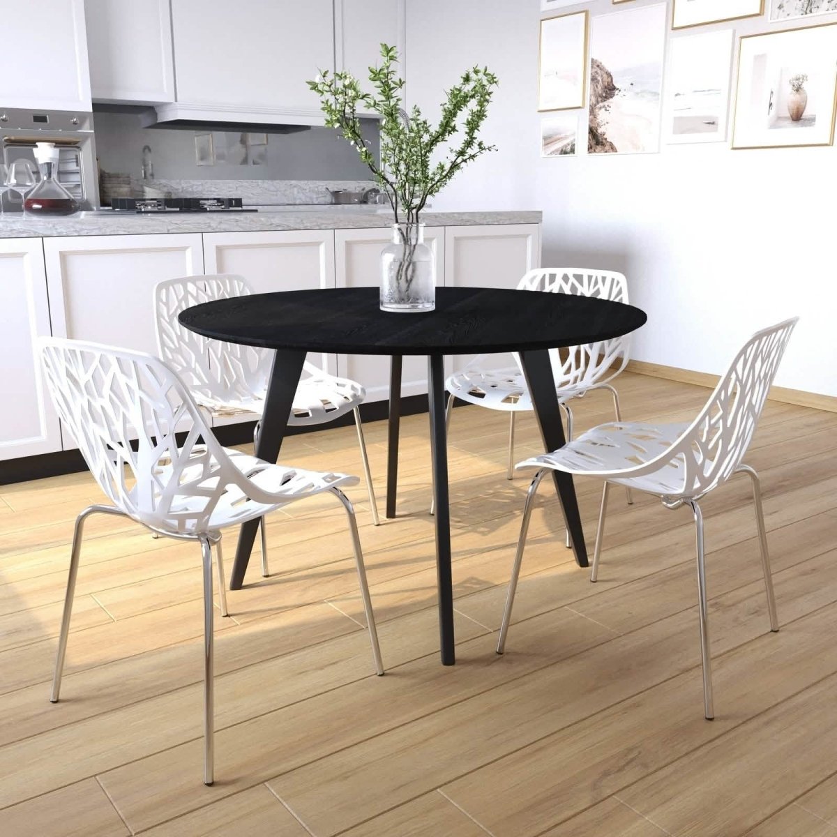 Asbury Polypropylene Dining Side Chair with Forest Cut-Out Design in Chrome White Dining Chair Leisuremod