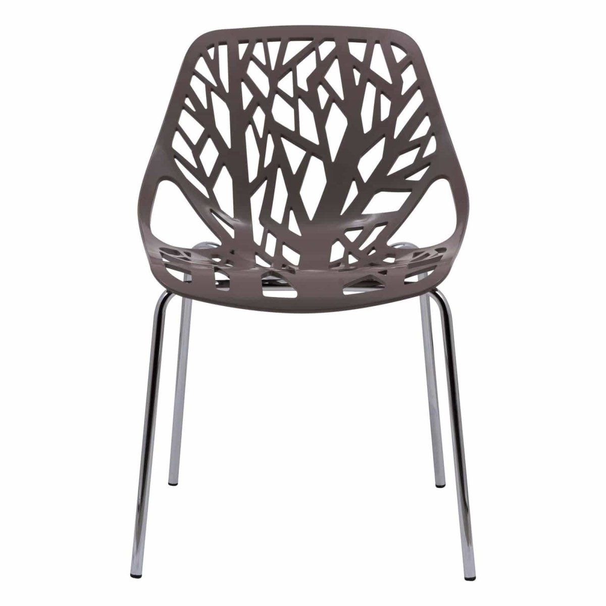 Asbury Polypropylene Dining Side Chair with Forest Cut-Out Design in Chrome Taupe Dining Chair Leisuremod