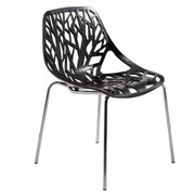 Asbury Polypropylene Dining Side Chair with Forest Cut-Out Design in Chrome Black Dining Chair Leisuremod