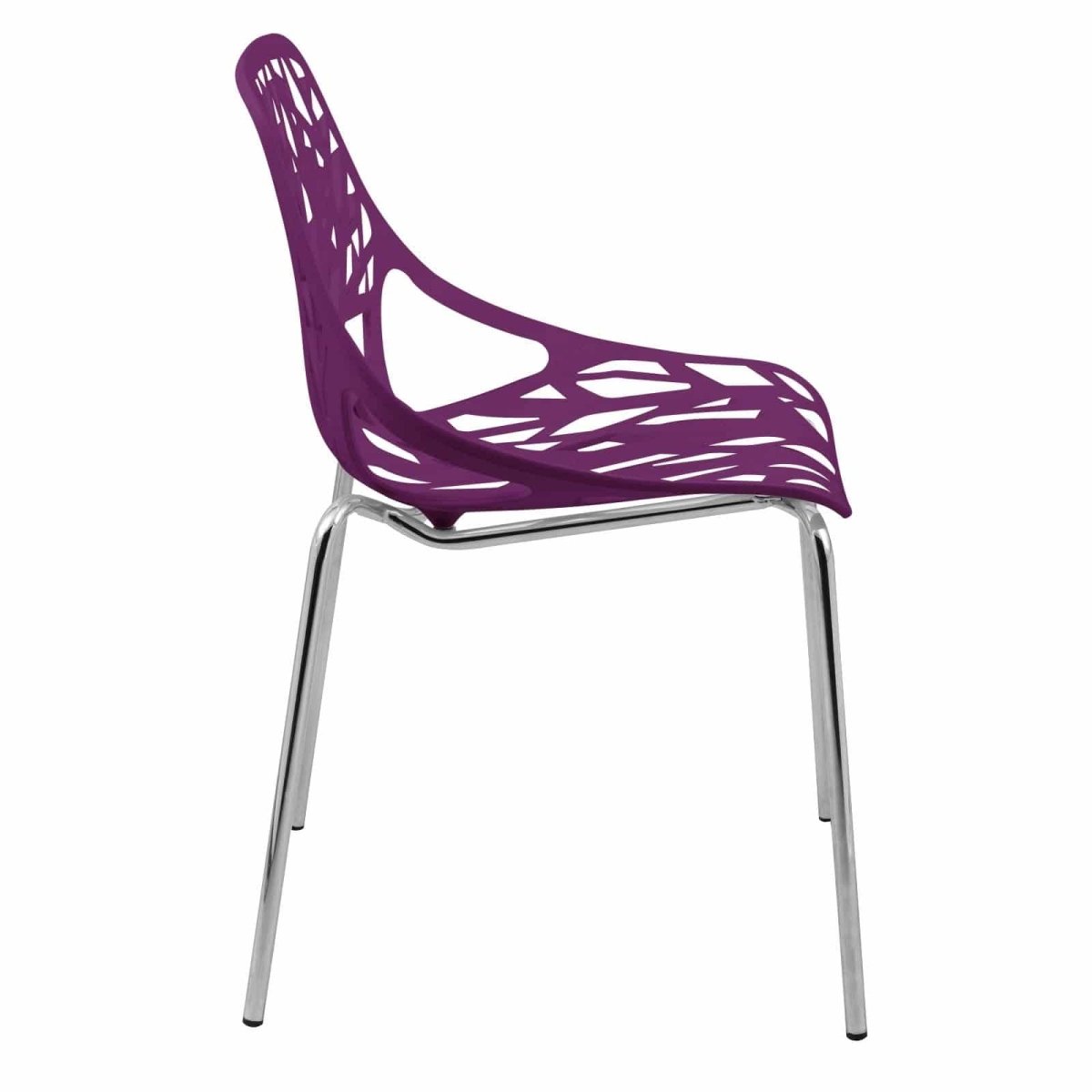 Asbury Polypropylene Dining Side Chair with Forest Cut-Out Design in Chrome Purple Dining Chair Leisuremod