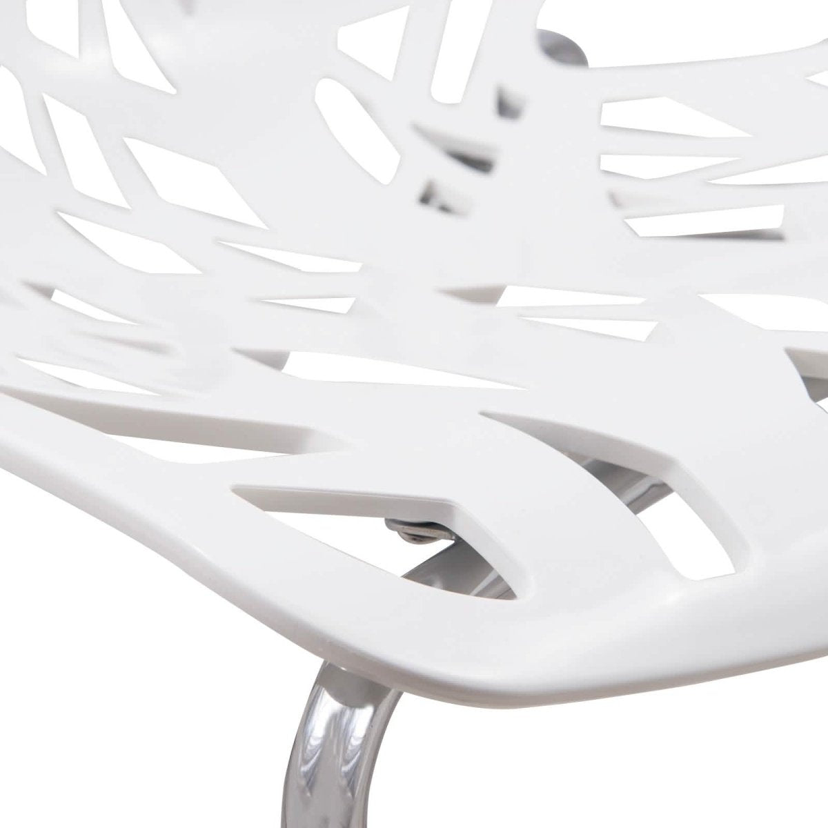 Asbury Polypropylene Dining Side Chair with Forest Cut-Out Design in Chrome White Dining Chair Leisuremod