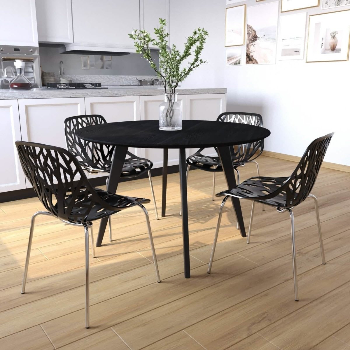 Asbury Polypropylene Dining Side Chair with Forest Cut-Out Design in Chrome Black Dining Chair Leisuremod