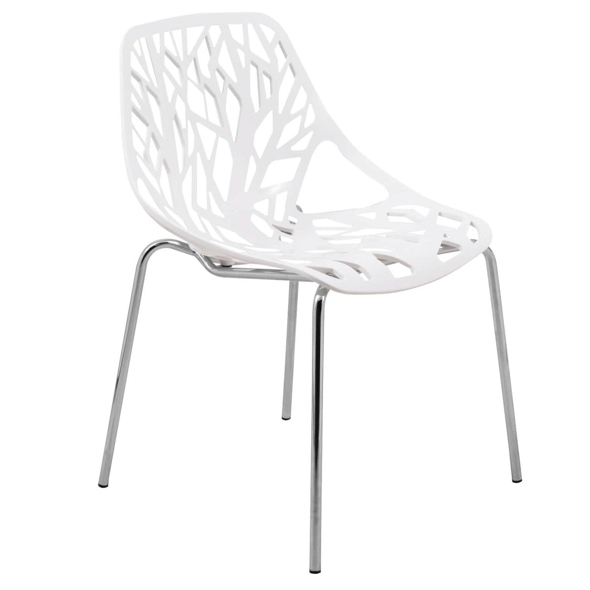 Asbury Polypropylene Dining Side Chair with Forest Cut-Out Design in Chrome White Dining Chair Leisuremod