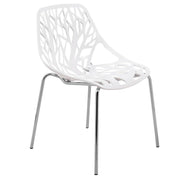 Asbury Polypropylene Dining Side Chair with Forest Cut-Out Design in Chrome White Dining Chair Leisuremod