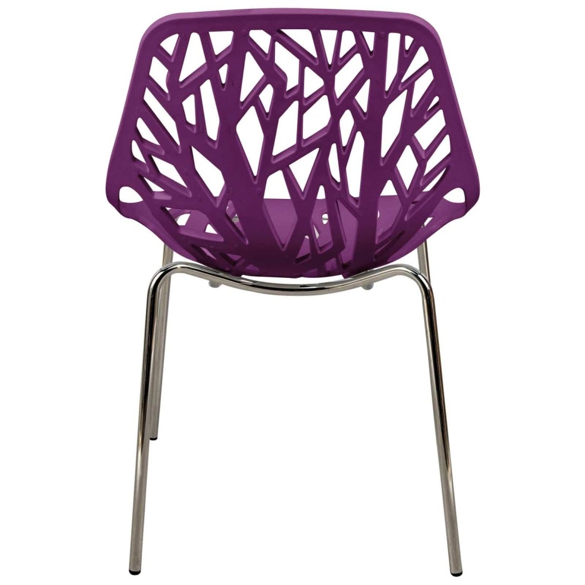 Asbury Polypropylene Dining Side Chair with Forest Cut-Out Design in Chrome Purple Dining Chair Leisuremod