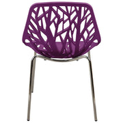 Asbury Polypropylene Dining Side Chair with Forest Cut-Out Design in Chrome Purple Dining Chair Leisuremod