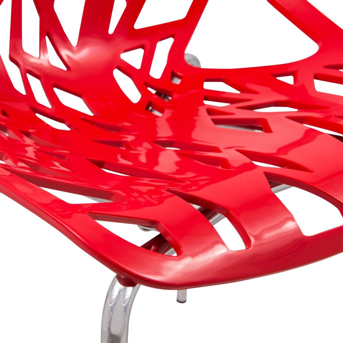 Asbury Polypropylene Dining Side Chair with Forest Cut-Out Design in Chrome Red Dining Chair Leisuremod